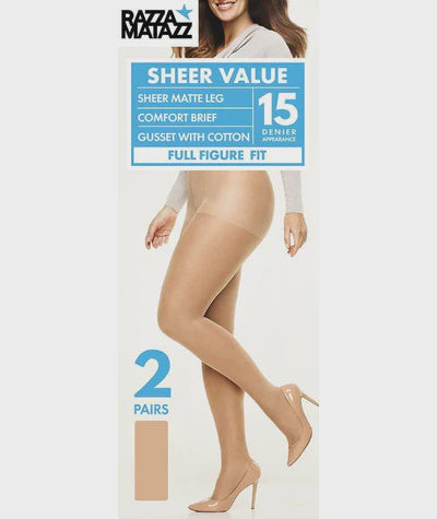 Razzamatazz Stockings Curves Sheer Value Comfort Brief Pantyhose Size 2 - 2 Pack-Tan