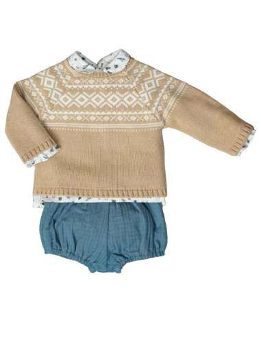 Babyferr 3pc Knit Jumper Shirt & Pant Set - Blue / Sand