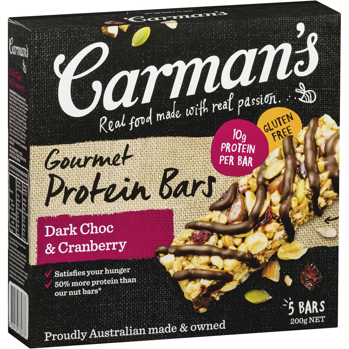 Carmans Bars Gourmet Protein Dark Choc & Cranberry 200g