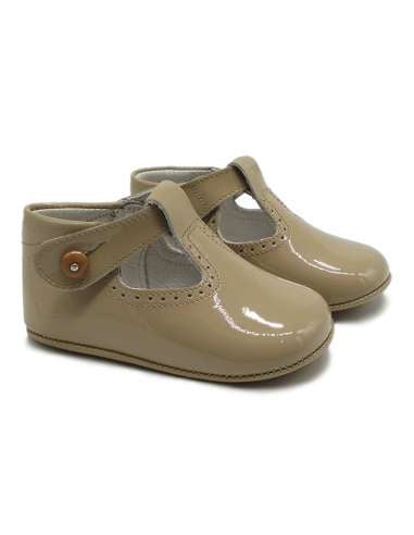 Coco Boxi Patent Soft Sole Shoes With Button - Camel