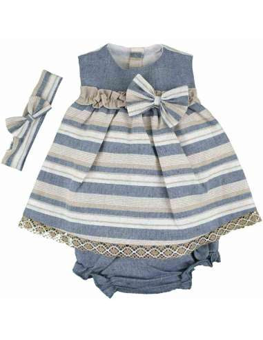 Babyferr Striped Dress With Headband - Blue/Beige