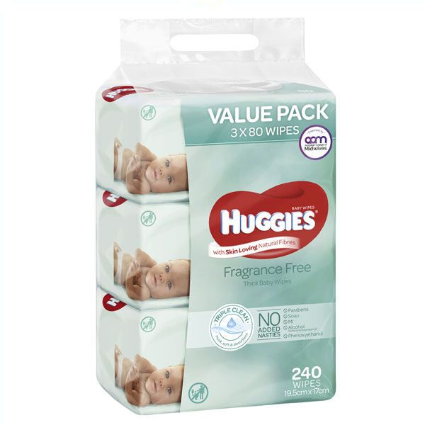Huggies Baby Wipes Unscented 3 x 80pk