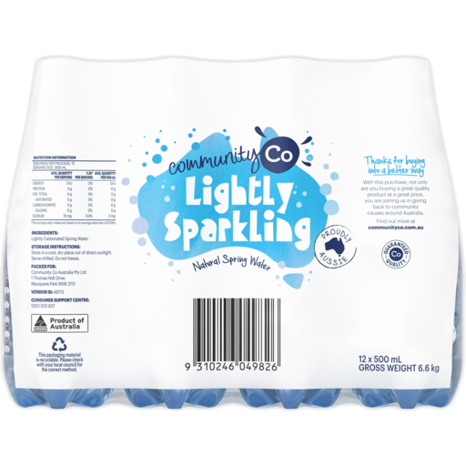 Community Co Lightly Sparkling Spring Water 12 x 500mL