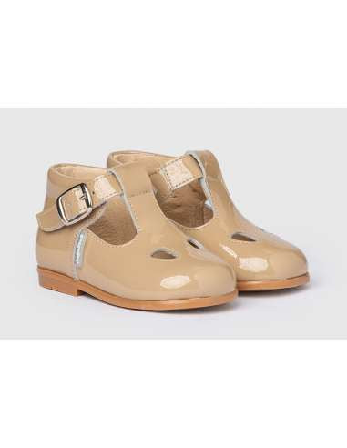 Angelitos Patent T-Bar Shoes - Camel