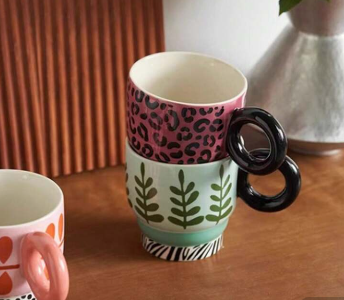 Original Hand-Painted Ceramic Mug Green Leaves