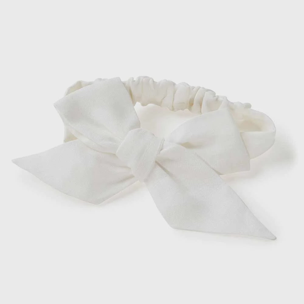 Snuggle Hunny Linen Bow Headband White