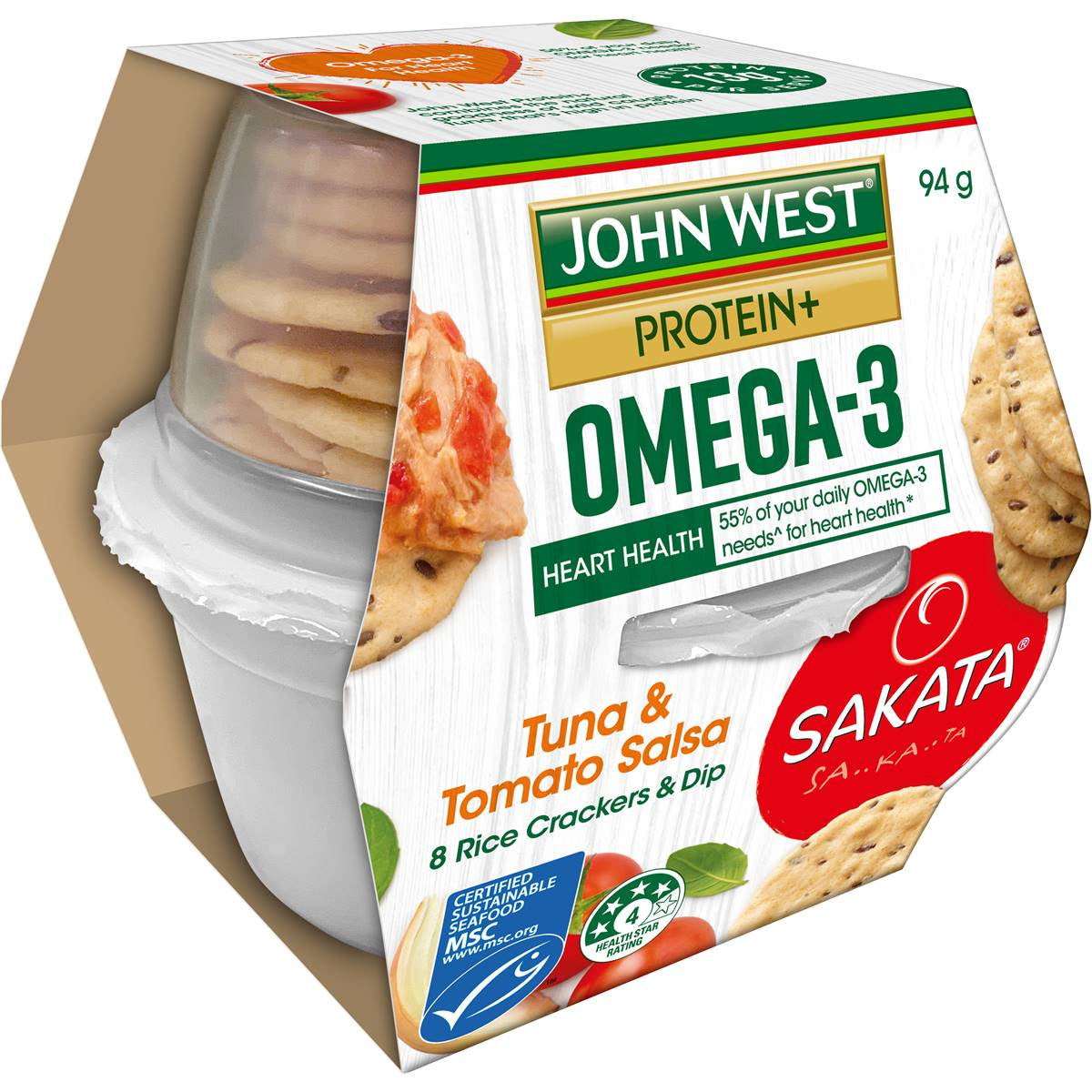 John West Tuna Protein+Omega3 Tomato Salsa Rice Crackers & Dip 94g