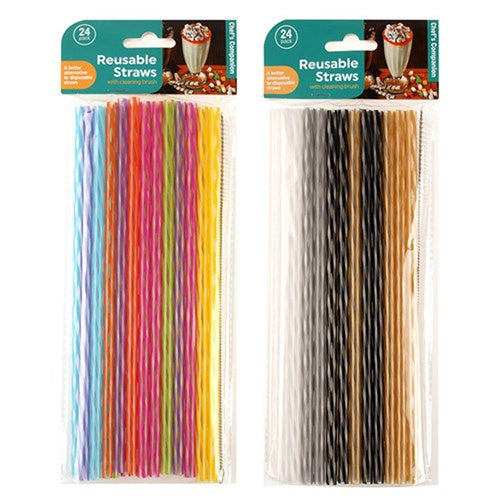 Straws Reusable Plastic Straight w Cleaner Jumbo 24pk 25cm